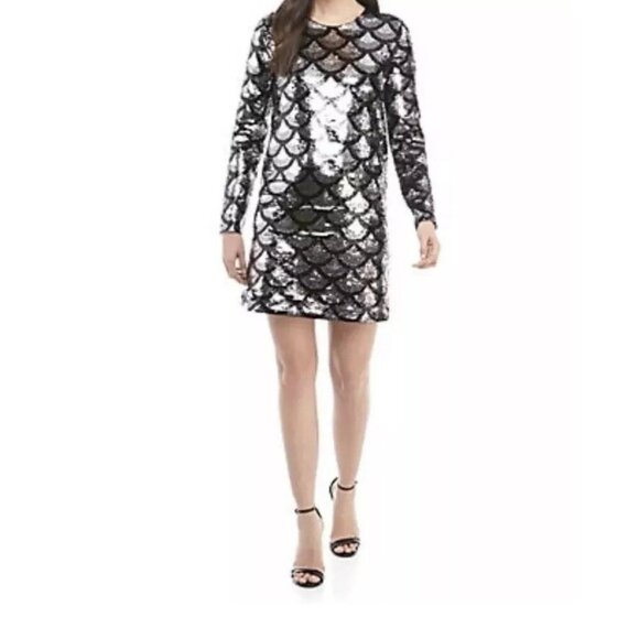 Michael Kors Scallop Sequin Shift Long Sleeve Dress In Black Silver Size Small - Picture 1 of 9